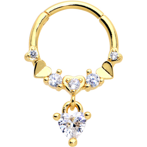 16G 3/8 Clear CZ Gem Gold Tone Love Heart Dangle Hinged Segment Ring