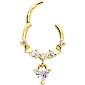 16G 3/8 Clear CZ Gem Gold Tone Love Heart Dangle Hinged Segment Ring