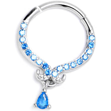 16G 3/8 Blue CZ Gem Elegant Curves Dangle Hinged Segment Ring