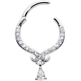 16G 3/8 Clear CZ Gem Elegant Curves Dangle Hinged Segment Ring