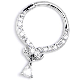 16G 3/8 Clear CZ Gem Elegant Curves Dangle Hinged Segment Ring