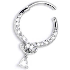 16G 3/8 Clear CZ Gem Elegant Curves Dangle Hinged Segment Ring