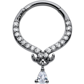16G 3/8 Clear CZ Gem Black Elegant Curves Hinged Segment Ring