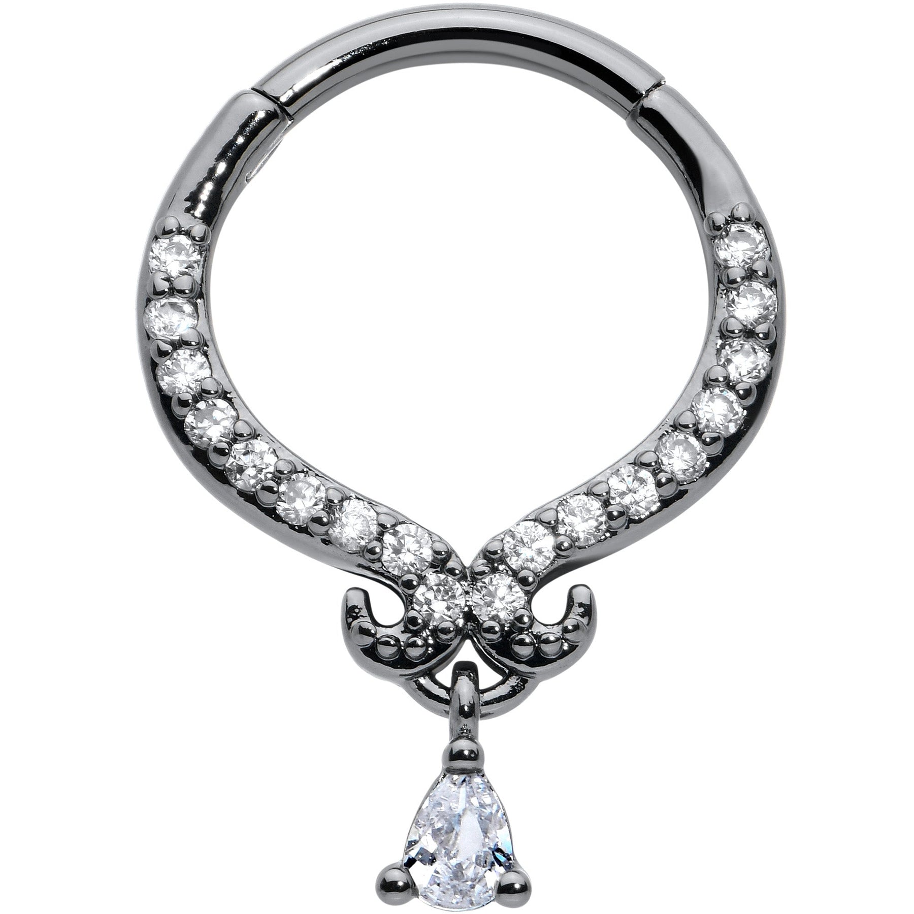 16G 3/8 Clear CZ Gem Black Elegant Curves Hinged Segment Ring