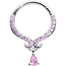 16G 3/8 Pink CZ Gem Elegant Curves Dangle Hinged Segment Ring