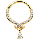 16G 3/8 Clear CZ Gem Gold Hue Elegant Curves Dangle Hinged Segment Ring