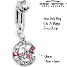 Pink Gem Lunar Dragonfly Fake Clip On Belly Ring