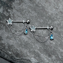 14G 9/16 Blue CZ Gem Snowflake Flower Chain Dangle Nipple Ring Set