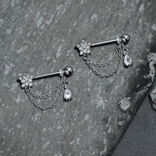 14G 9/16 Clear CZ Gem Snowflake Flower Chain Dangle Nipple Ring Set