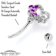 16G 5/16 Clear CZ Gem Butterfly Rose Purple Curved Eyebrow Ring