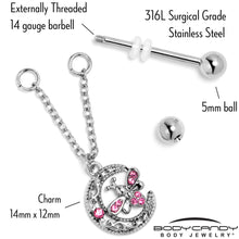 14G 9/16 Pink Gem Lunar Dragonfly Chain Dangle Nipple Ring Set