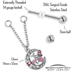 14G 9/16 Pink Gem Lunar Dragonfly Chain Dangle Nipple Ring Set