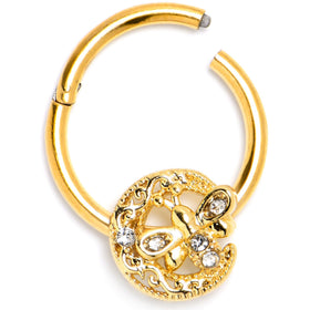 16G 3/8 Clear Gem Gold Tone Lunar Dragonfly Hinged Segment Ring