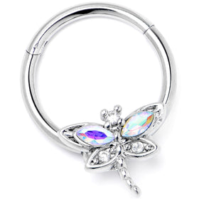 16G 3/8 Aurora CZ Gem Understated Dragonfly Hinged Segment Ring