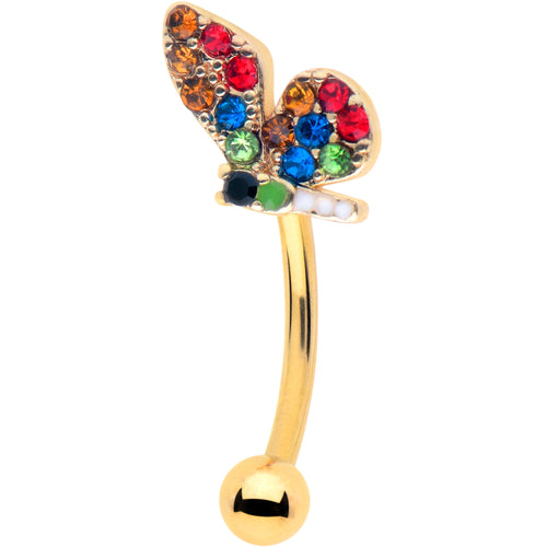 16G 5/16 Red Blue Gem Gold Tone Butterfly Curved Eyebrow Ring