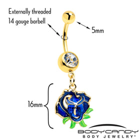 Blue Gem Gold Tone Deep Blue Flower Dangle Belly Ring