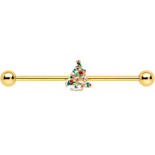 14G Gold Tone Snowy Christmas Tree Holiday Industrial Barbell 38mm