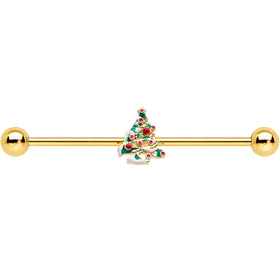 14G Gold Tone Snowy Christmas Tree Holiday Industrial Barbell 38mm