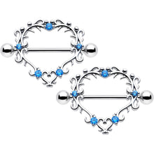 14G 9/16 Blue CZ Gem Leafy Heart Nipple Shield Set