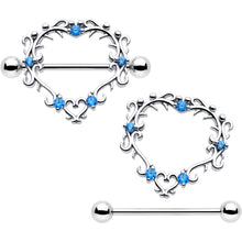 14G 9/16 Blue CZ Gem Leafy Heart Nipple Shield Set