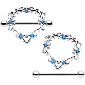 14G 9/16 Blue CZ Gem Leafy Heart Nipple Shield Set