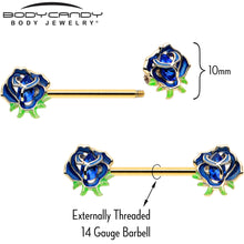 14G 9/16 Blue Gem Gold Hue Deep Blue Flower Barbell Nipple Ring Set