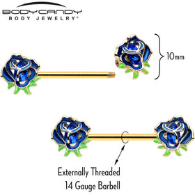 14G 9/16 Blue Gem Gold Hue Deep Blue Flower Barbell Nipple Ring Set
