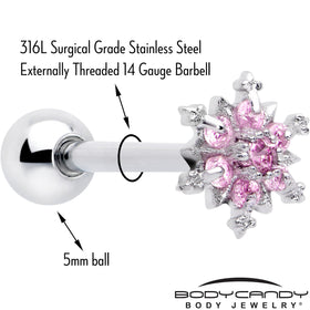 Pink CZ Gem Snowflake Glam Barbell Tongue Ring