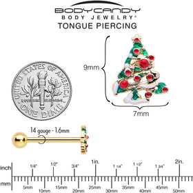 Gold Tone Snowy Christmas Tree Holiday Barbell Tongue Ring