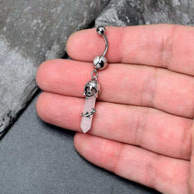 Pink Rose Quartz Skull Obelisk Rose Dangle Belly Ring