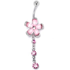 Pink Clear Gem Retro Flower Glamour Dangle Belly Ring