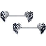 14G 9/16 Clear Gem Heavenly Heart Angel Wing Black Nipple Ring Set