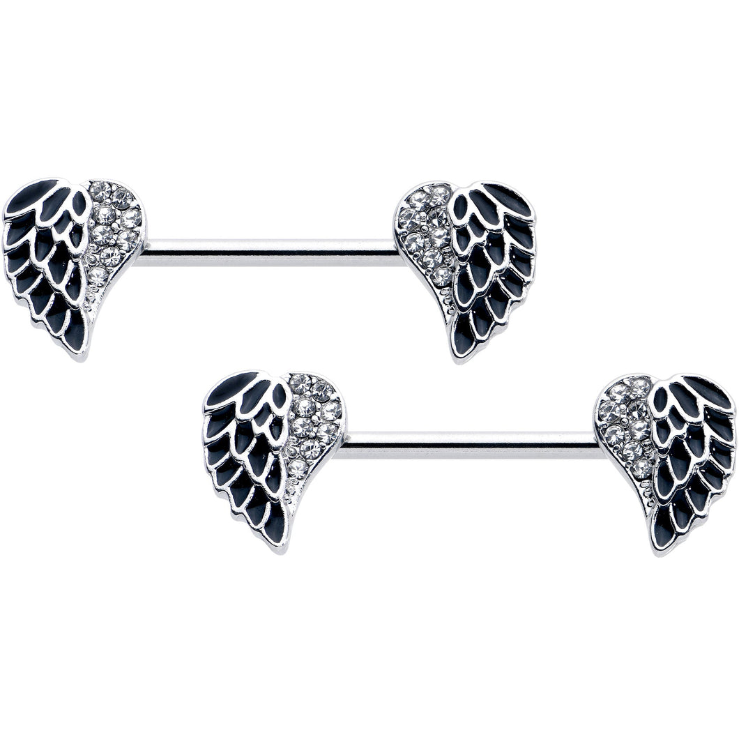 14G 9/16 Clear Gem Heavenly Heart Angel Wing Black Nipple Ring Set