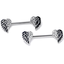 14G 9/16 Clear Gem Heavenly Heart Angel Wing Black Nipple Ring Set