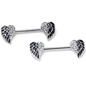 14G 9/16 Clear Gem Heavenly Heart Angel Wing Black Nipple Ring Set