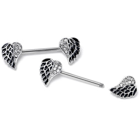 14G 9/16 Clear Gem Heavenly Heart Angel Wing Black Nipple Ring Set