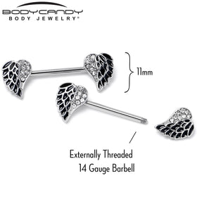 14G 9/16 Clear Gem Heavenly Heart Angel Wing Black Nipple Ring Set