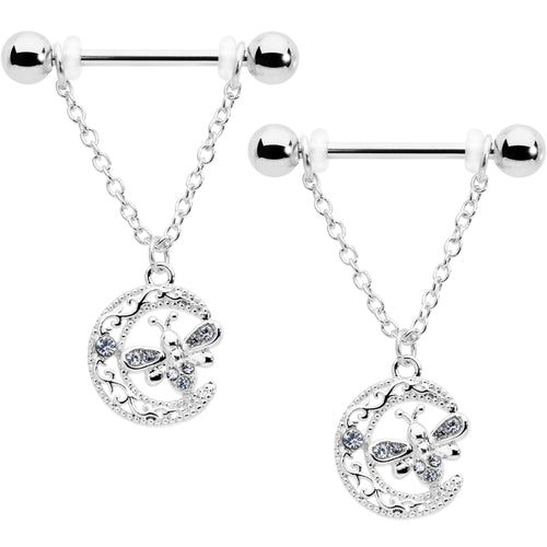 14G 9/16 Clear Gem Lunar Dragonfly Chain Dangle Nipple Ring Set