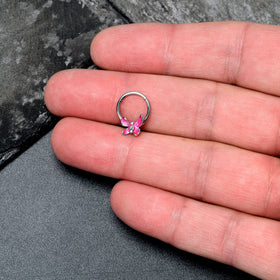16G 3/8 Clear Gem Chunky Butterfly Pink Hinged Segment Ring