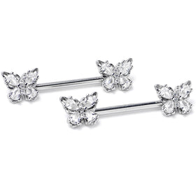 14G 9/16 Clear Gem Baroque Beauty Butterfly Barbell Nipple Ring Set
