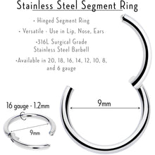 16G 9mm 316L Surgical Steel Precision Hinged Segment Hoop