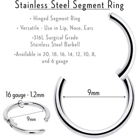 16G 9mm 316L Surgical Steel Precision Hinged Segment Hoop