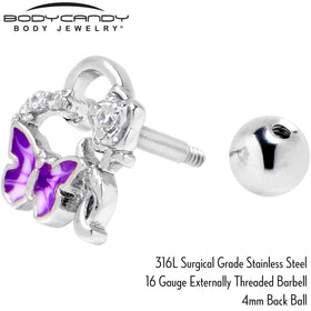 16G 1/4 Clear CZ Gem Butterfly Flower Purple Cartilage Earring