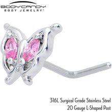 20G 7mm Pink Gem Fancy Fab Butterfly L Shape Nose Ring