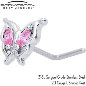20G 7mm Pink Gem Fancy Fab Butterfly L Shape Nose Ring