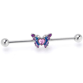 14G Pink Gem Heart Butterfly Purple Industrial Barbell 38mm