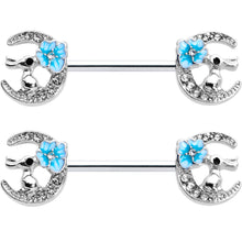 14G 9/16 Clear Gem Rabbit On Moon Flower Blue Nipple Ring Set