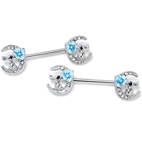 14G 9/16 Clear Gem Rabbit On Moon Flower Blue Nipple Ring Set