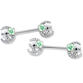 14G 9/16 Clear Gem Rabbit On Moon Flower Green Nipple Ring Set