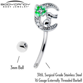 16G 5/16 Clear CZ Gem Rabbit On The Moon Green Curved Eyebrow Ring